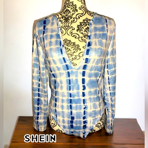 SHEIN Tops - SHEIN Blue Tie Dye Long Sleeve Bodysuit- Large